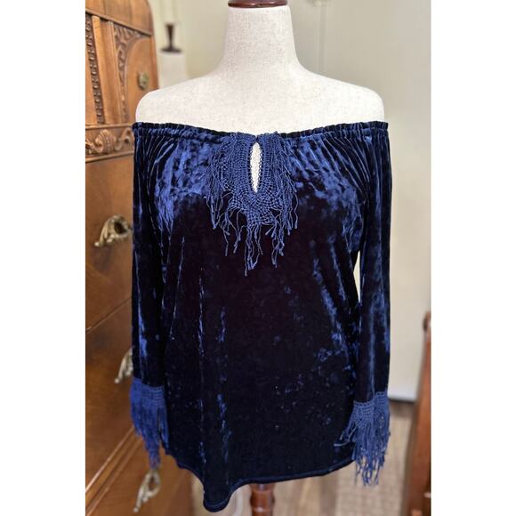 Y2K Velvet Velour Fringe Off Shoulder Peasant Top L/XL Whimsigoth Dark Fairy - Picture 2 of 11